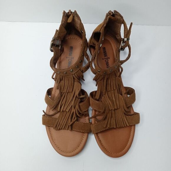 Minnetonka Monaco Brown Leather Wedge Sandal with Fringe - Picture 4 of 10